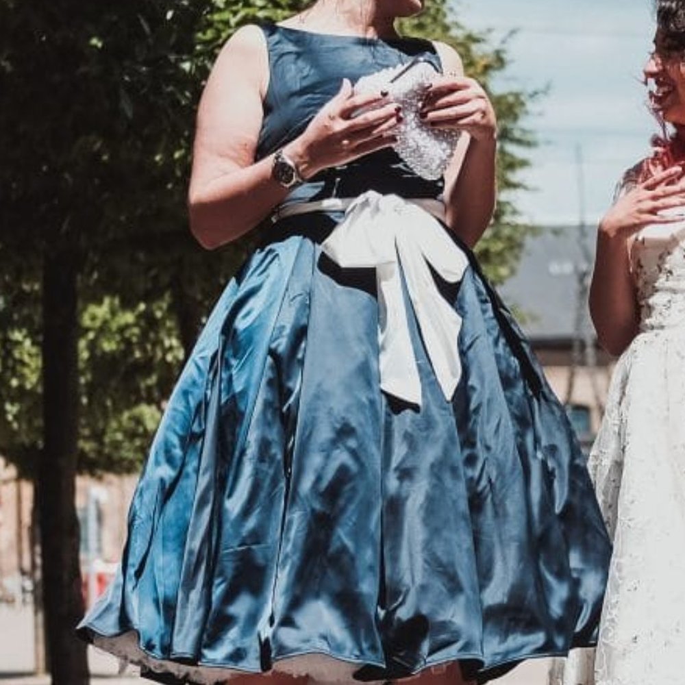 Satin Blue swing dress with creamy-white satin sash - Women's Plus Size - NWT